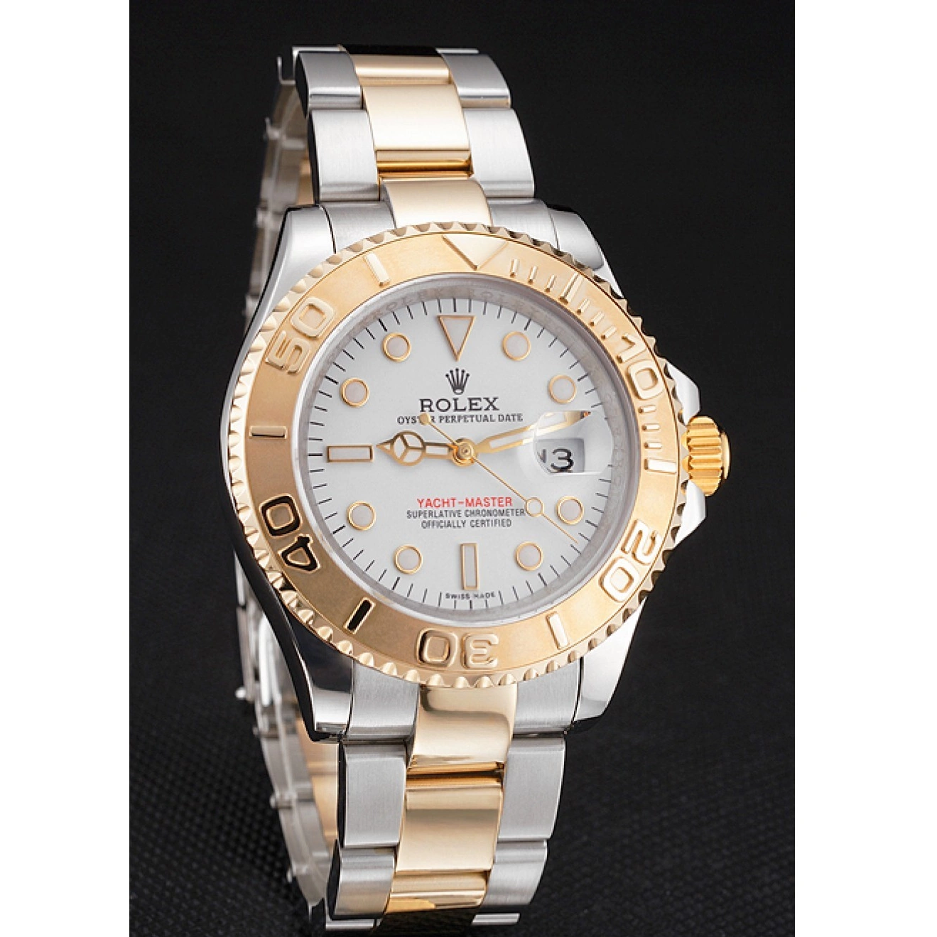 Aaa replica watch Two Swiss Tone Bracelet White Dial Bezel Case Yacht-Master Gold Rolex Steel Stainless 0825